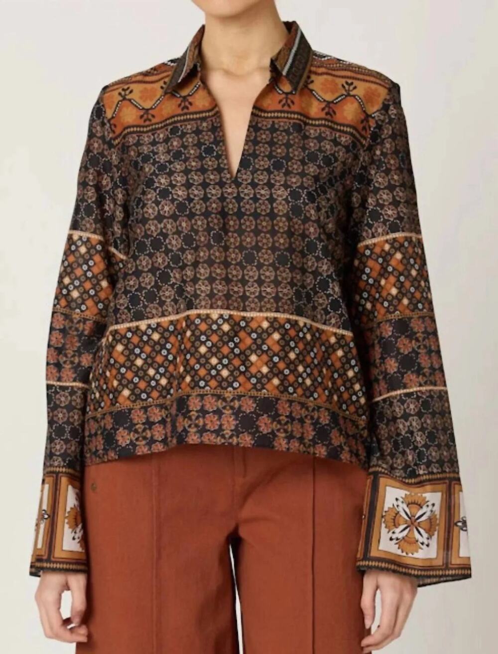 NWT Cleobella Moira Cotton Geometric Blouse Zocalo Print Fall Brown Black Small